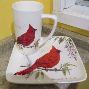 Red CARDINALS Mug & Sandwich Plate Garden Melody Sandy Clough (K547)